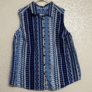 Roaman's 24W Blue White‎ Print Sleeveless Collared Button Front Shirt Top Blouse
